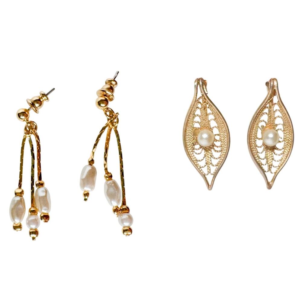 Sarah Cov Vintage Earrings Gold Pearl Clip Dangle Quiet Luxury Old Money Classic